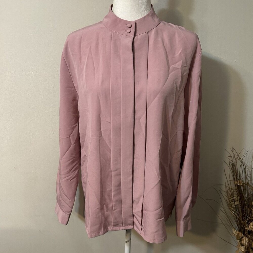 Vtg Swann Women Pink Button Up Long Sleeve Pleated Front Shirt Top Tab Collar 14